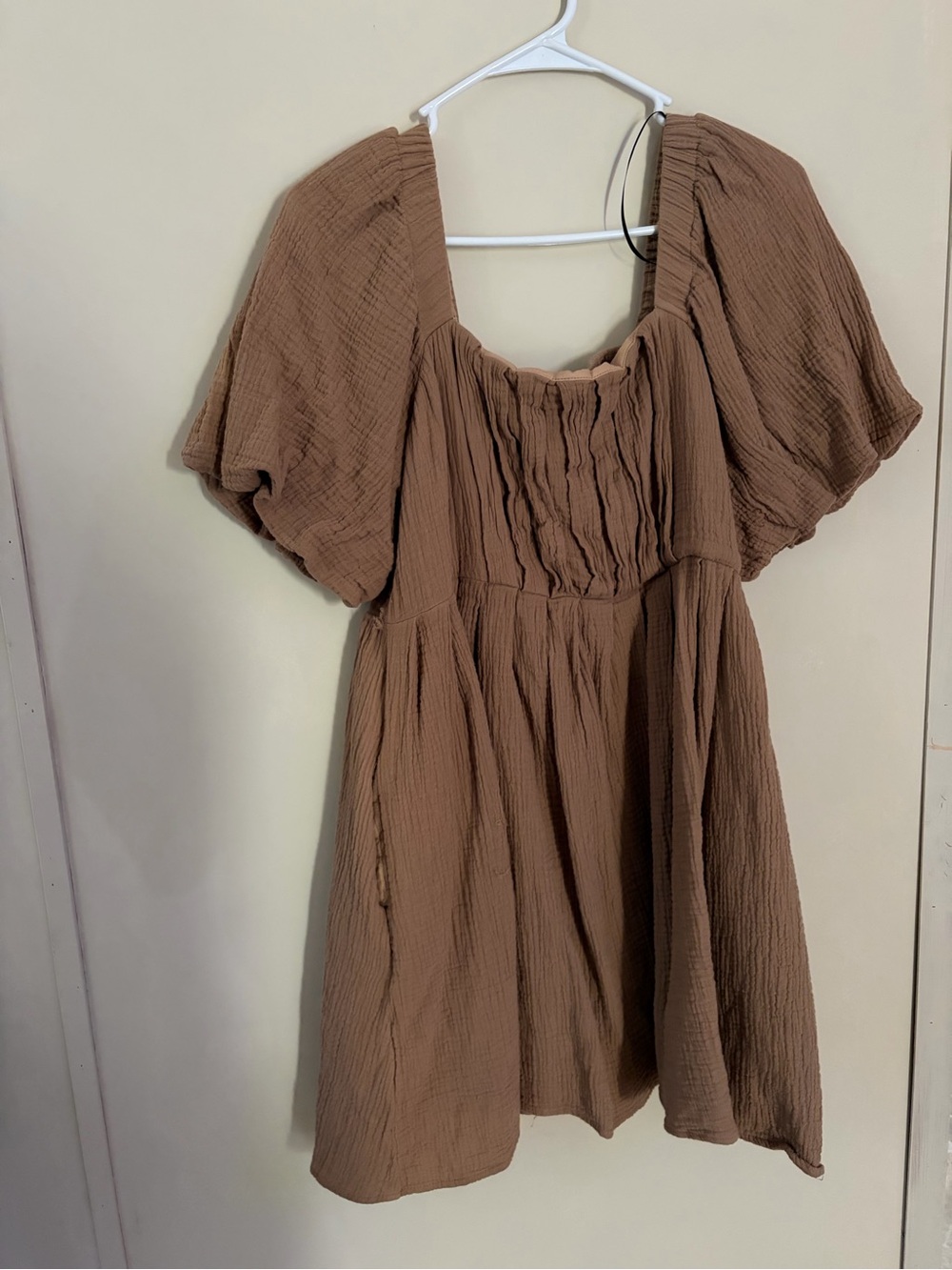 Brown Puff-Sleeve Smocked Front Dress